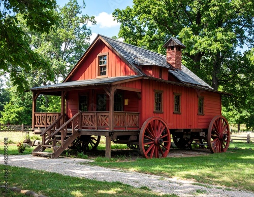 Red wooden house on wheels