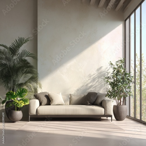 Modern living room featuring a stylish beige sofa, decorative pillows, and lush green plants, illuminated by natural light streaming through large windows