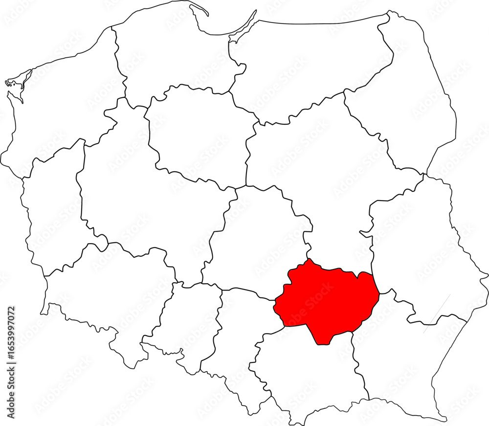 Obraz premium Map of Poland with Świętokrzyskie Voivodeship highlighted. A detailed vector for geographic, administrative, and regional analysis. Perfect for educational and historical content.