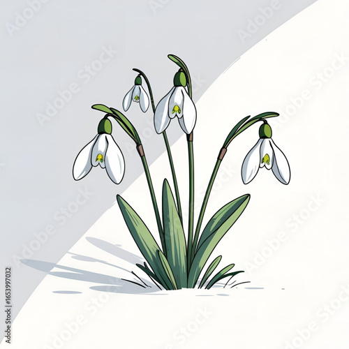 Illustration of snowdrops emerging from snow isolated on white background