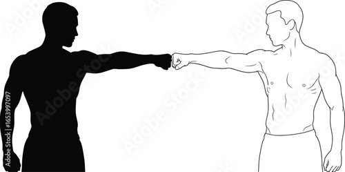 Fist bump men silhouette outline teamwork agreement unity