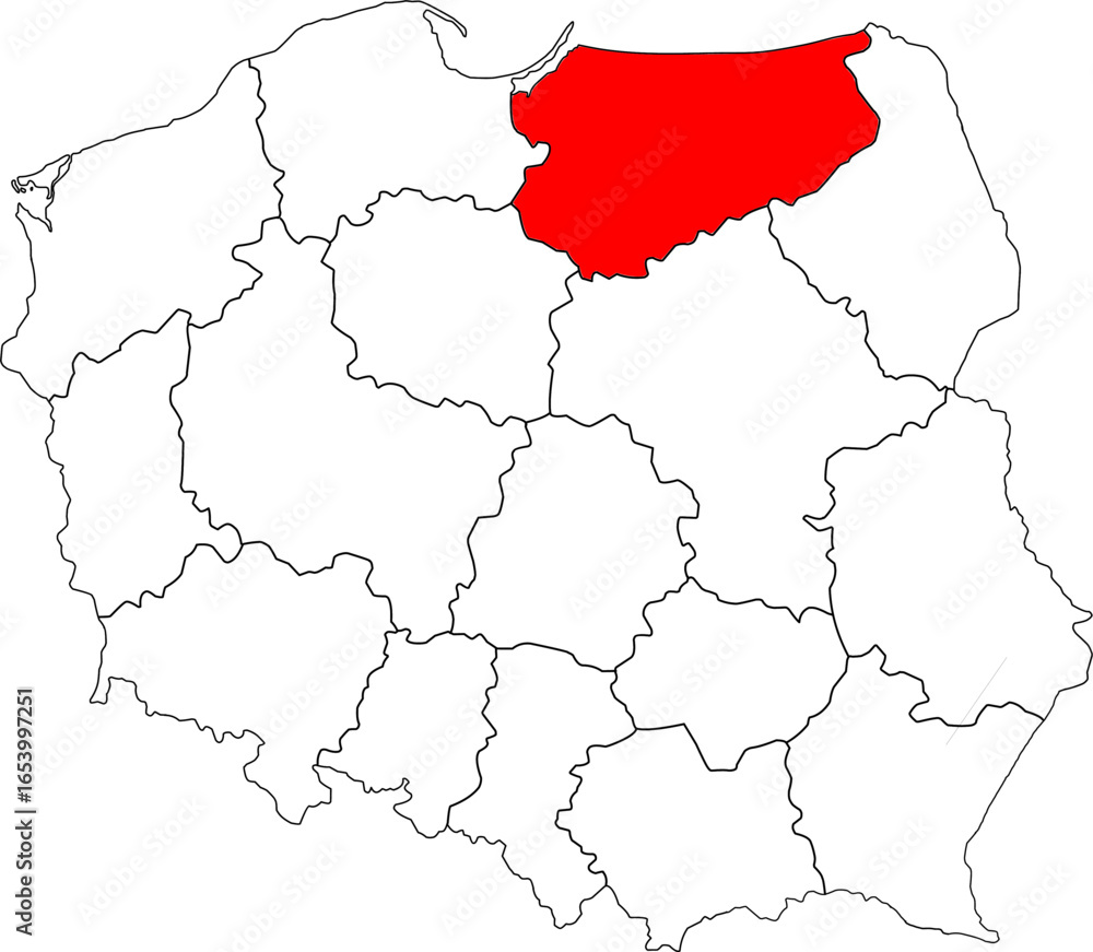 Obraz premium Map of Poland with Warmian-Masurian (Warmińsko-Mazurskie) Voivodeship highlighted. A detailed vector for geographic, administrative, and regional analysis. Perfect for educational and travel content. 