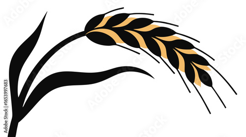 Vector icon, graphic illustration of a wheat ear, isolated on a transparent background. Black and gold wheat ear illustration.