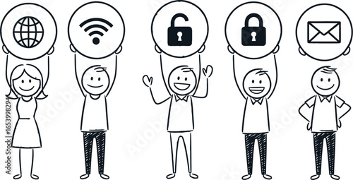 Stick figures holding internet wifi security and email icons