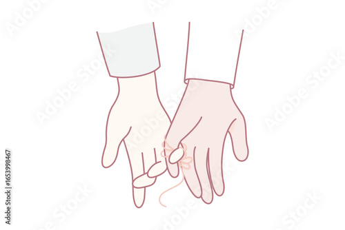 Multiracial couple hands tied with red thread as symbol of bonding and connection. Linked multiethnic man and woman show love and affection. Nonverbal communication. Vector illustration.