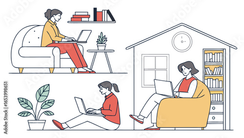 Remote work lifestyle illustration showing people working from home with laptop and comfortable furniture