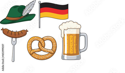 Oktoberfest vector illustration with Bavarian hat, German flag, sausage on fork, pretzel, and beer glass in flat cartoon style on white background for festival and celebration design.