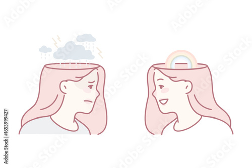 Young woman with bad mood and good mood. Unhappy and happy girl emotions. Concept of human emotional state and mindset. Flat vector illustration.