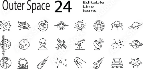Outer Space Icon Set. Thin Line Editable Stroke Icons of Astrophysics, Planets, Rockets, Astronauts, Solar System, Satellites, Galaxies, and Space Exploration