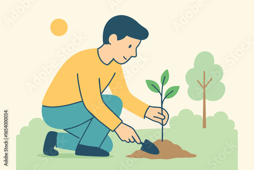  Flat illustration of man planting sapling as contribution for nature and environment.