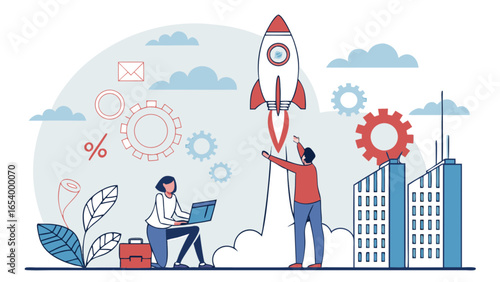 Business startup concept with rocket launch and team collaboration for growth and innovation success