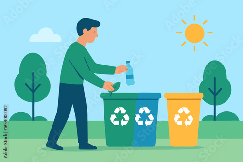 Flat illustration of man throwing plastic bottle into recycle bin for waste management.