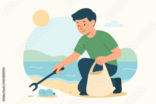  Eco-friendly flat vector of man cleaning trash on the beach to protect ocean and environment.