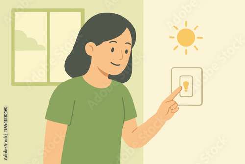 Flat eco lifestyle illustration of woman switching off light to save energy and reduce electricity use at home.