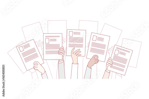 Diverse people hands raise up holding resume or CV offer candidacy at open position. Applicants or candidate apply for job. Employment and competition. Hiring and hr. Vector illustration.