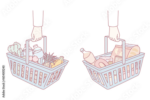 Shopping baskets with healthy and unhealthy food. Nutritious wholesome and harmful junk meal choice. Bad and good grocery abundance. Flat vector illustration.