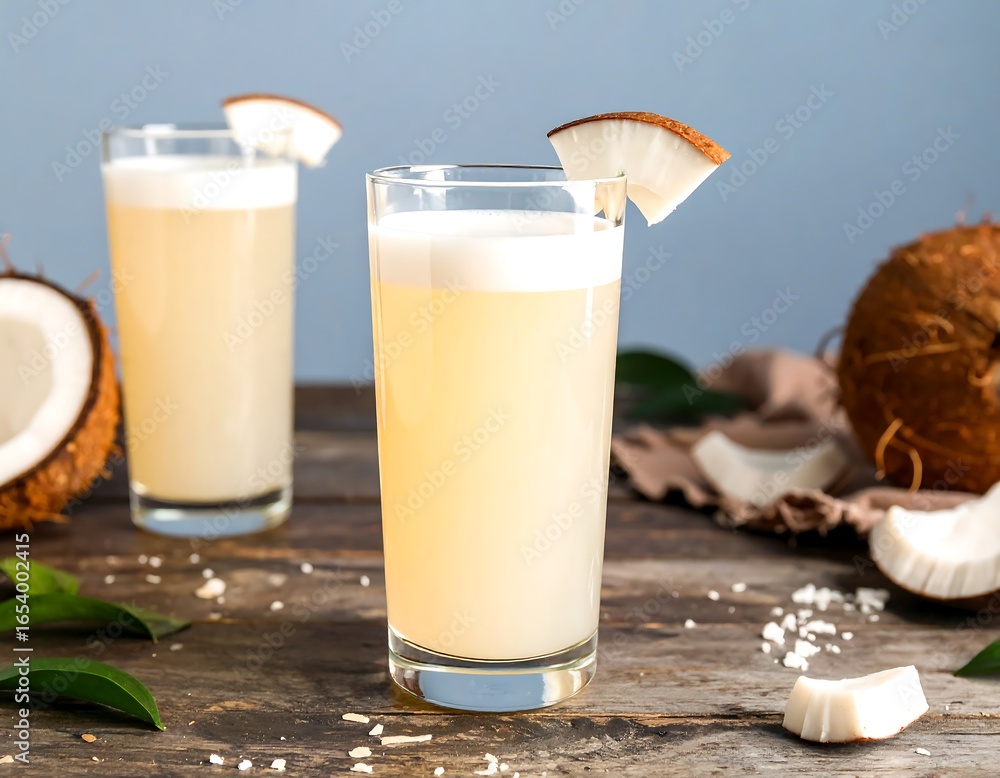 Refreshing coconut beverage on a rustic table Refreshing coconut beverage on a rustic table