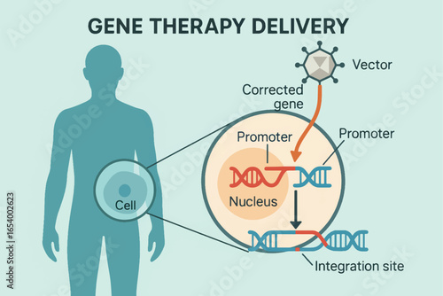 Gene therapy delivery process vector diagram with corrected gene integration into cell nucleus using vector system, suitable for medical infographics.