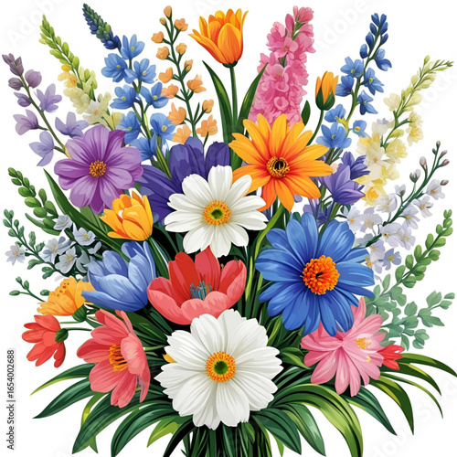 Vibrant spring bouquet of assorted flowers isolated on white background
