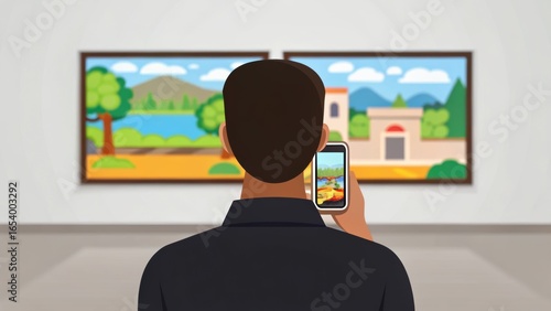 A person taking a photo of artwork in a gallery, capturing the scenic landscapes displayed on the walls.