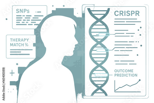 Vector infographic of personalized genome and CRISPR-based therapy prediction system showing SNPs, therapy match and DNA sequence outcomes.