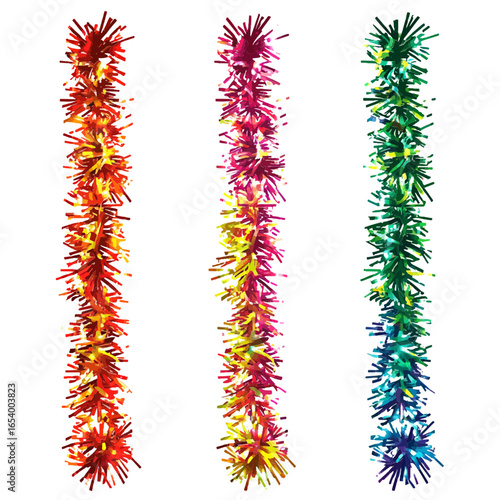 A set of three realistic tinsel garlands in different colors. The garlands can be used on websites, blogs, and promotional materials for holiday seasons and celebratory events.

