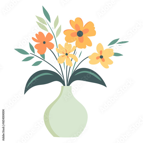 A flat, cartoon-style icon of a vase with orange and yellow flowers and green leaves. This icon can be used on websites and blogs related to home decor, nature, gifts, or springtime themes.

