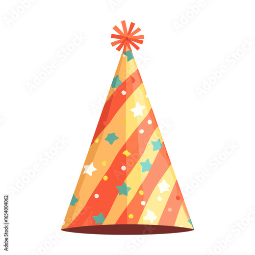 A realistic icon of a party hat with stripes and stars. This icon is perfect for websites and blogs related to birthdays, celebrations, holidays, or any festive occasion.

