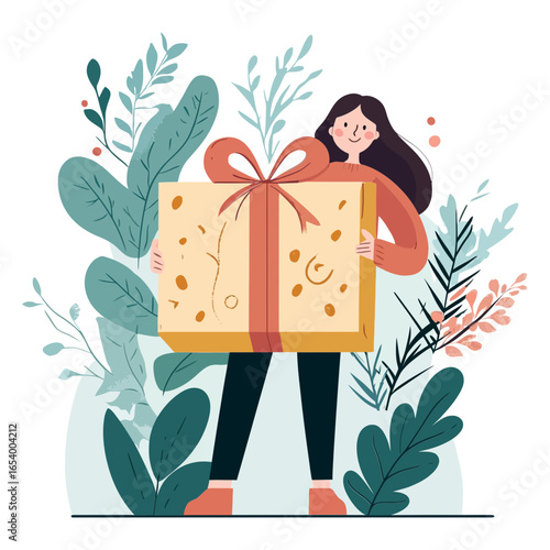 A cartoon-style icon of a person holding a gift, surrounded by foliage. The icon can be used for gift-related websites, articles on gift ideas, or promotional content for special events.

