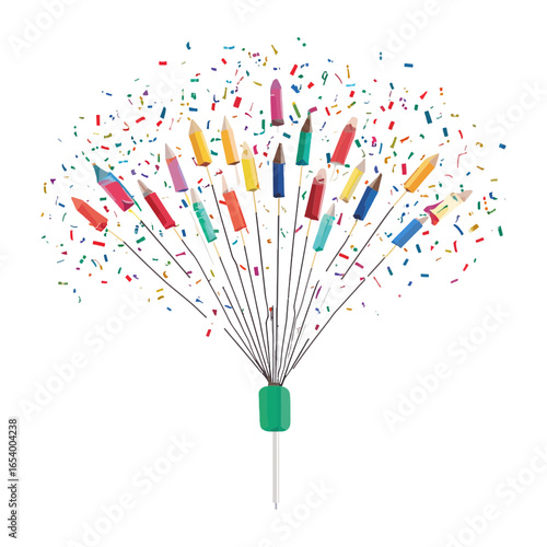 A whimsical and festive illustration of a bunch of colorful pencils exploding into confetti. This image can be used on websites and blogs related to celebrations, art, and creativity.

