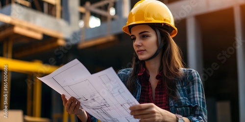 Woman architect with hard hat reviewing blueprints at construction site