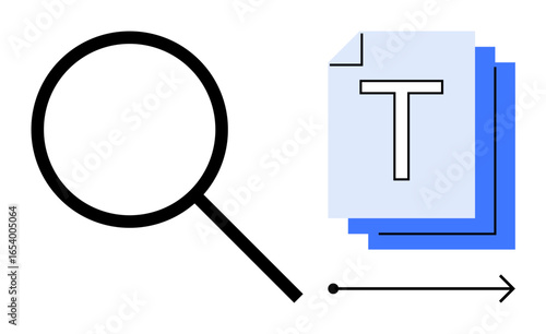 Magnifying glass inspects stacked text files with forward arrow symbolizing review, investigation, analysis, file exploration. Ideal for research, data processing, document review, workflow