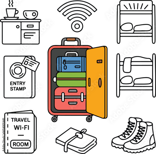 Backpacking and Hostel Life Hand-Drawn Line Icon Pack Luggage Locker, Shared Kitchen, Passport, Wi-Fi Zone, Room Key, Bunk Bed, and Travel Journal