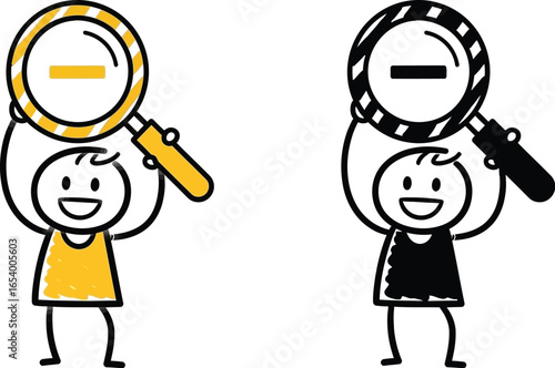 Stick figure holding magnifying glass search find investigate