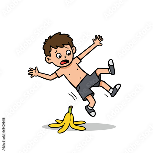 Cartoon boy with a shocked expression slipping backwards on a yellow banana peel.
