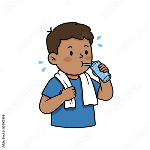 Cartoon Boy with Towel Drinking Water from a Bottle.