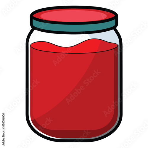 A transparent glass jar filled with vibrant red jam sealed with a bright red lid perfect for food and beverage designs