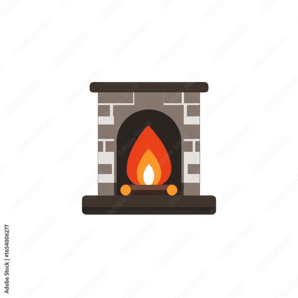 Fototapeta premium Fireplace icon with flame, warm home feel, flat vector, white background