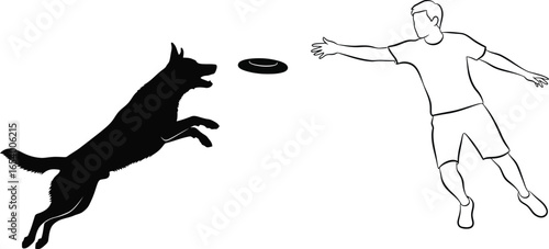 Dog catching frisbee vector illustration black and white art