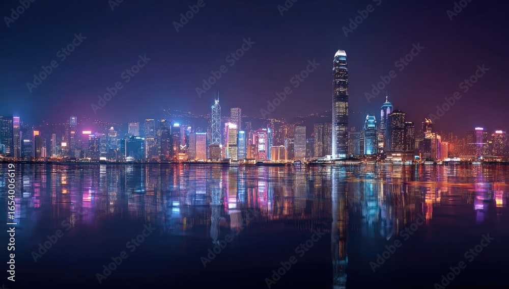 Fototapeta premium Vibrant cityscape reflected in still water at night