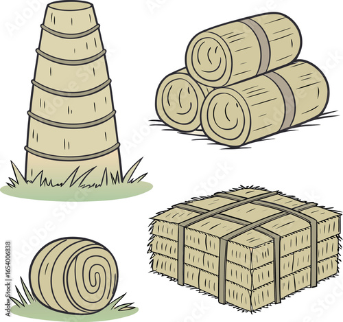 Vector art of various types of hay bales and stacks in a field