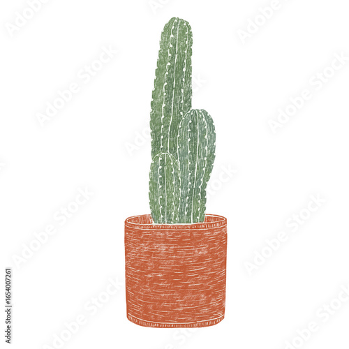Succulent Cactus in Pot – Modern Botanical Linocut Illustration
