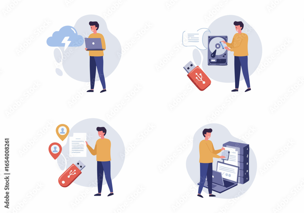 IT Infrastructure and Data Management Concepts: Cloud Computing, Hard Drive Storage, File Transfer, and Server Administration Illustrations IT Infrastructure and Data Management Concepts: Cloud Computing, Hard Drive Storage, File Transfer, and Server Administration Illustrations