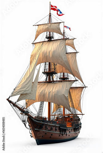 Sailing Ship Illustration: Vintage Vessel with Blue Sails for Commercial Use.

