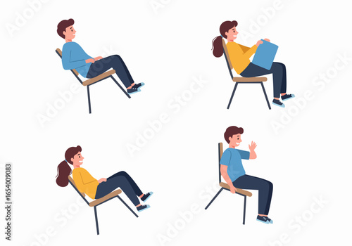 Diverse cartoon characters sitting on chairs in various relaxed and attentive poses, suitable for illustrating everyday activities.