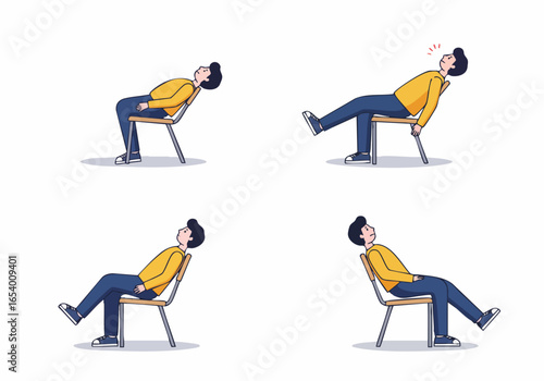 Four illustrations of a man on a chair, demonstrating leisure, precarious balance, and the moment of nearly losing stability.