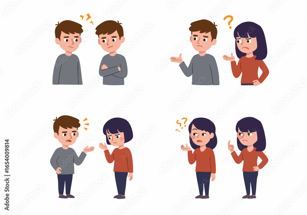 Flat design set of characters showing emotions of confusion, anger, and misunderstanding during conversations and disagreements. Flat design set of characters showing emotions of confusion, anger, and misunderstanding during conversations and disagreements.