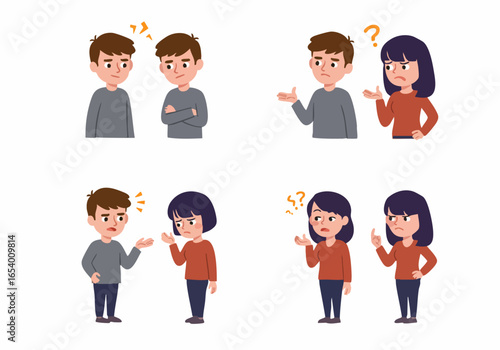 Flat design set of characters showing emotions of confusion, anger, and misunderstanding during conversations and disagreements.