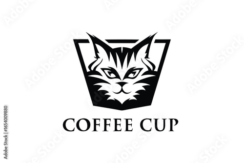 Stripped Feline Mascot Head Inside Coffee Mug, Black and White on White
