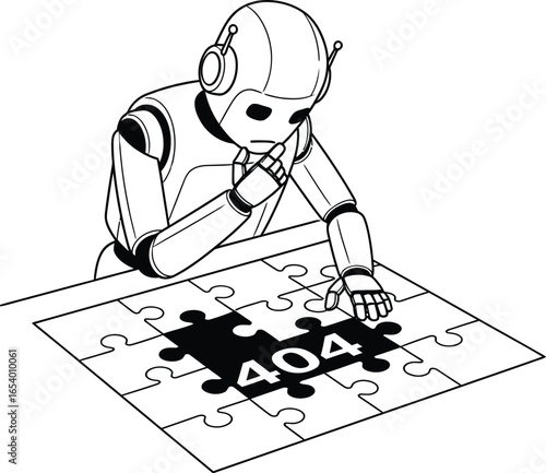 Error robot solving puzzle with error message illustration